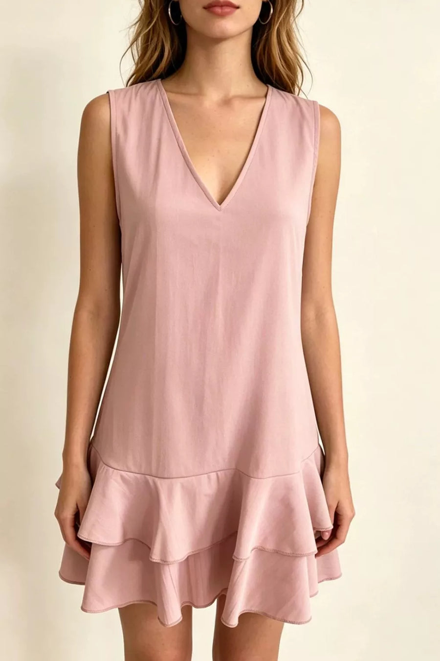 Dusty Pink V-neck mini dress with double ruffle hem.