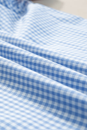 Light Blue Gingham Embroidered Sleeve Blouse