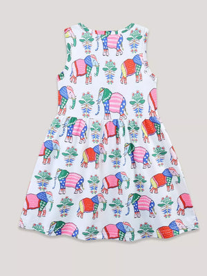 Toddler sleeveless A-line dress with colorful elephant print on white fabric.