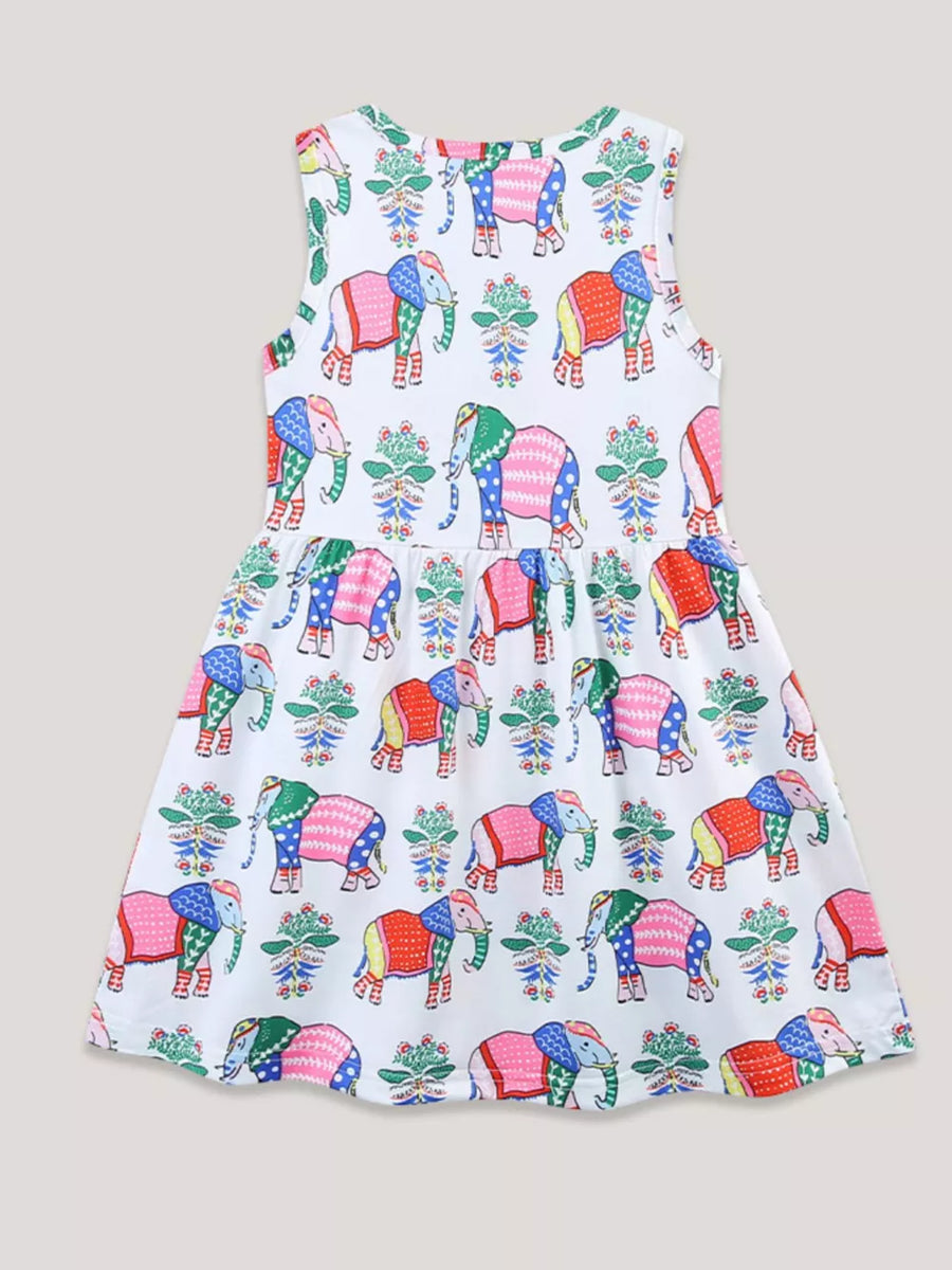 Toddler sleeveless A-line dress with colorful elephant print on white fabric.