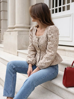 peplum top in Black with square neck and puff sleeve