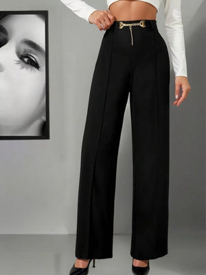Black wide-leg maternity pants with high waist and gold chain detail.