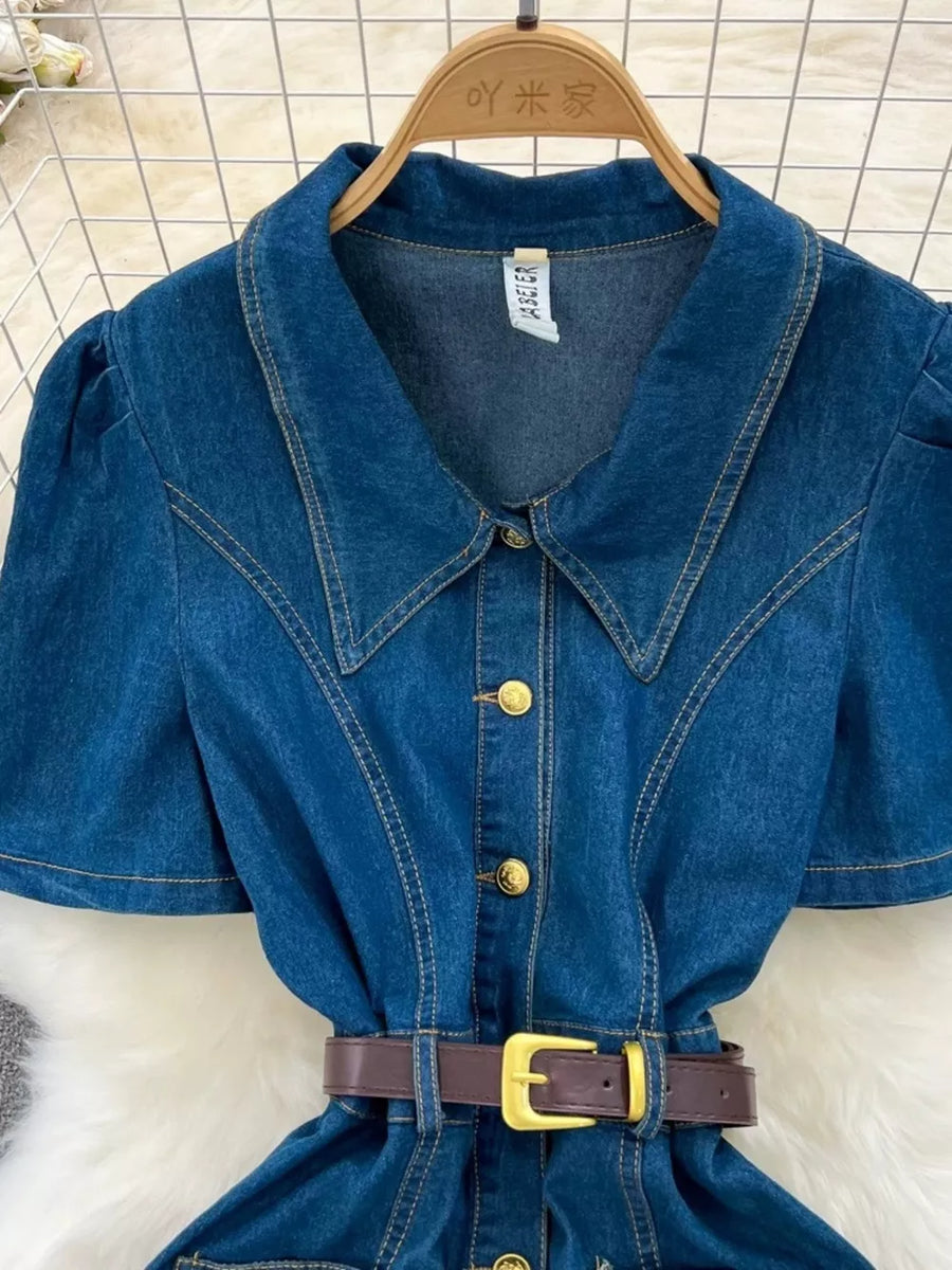 Light blue denim dress with collar, puff sleeves, button front, and belted waist.