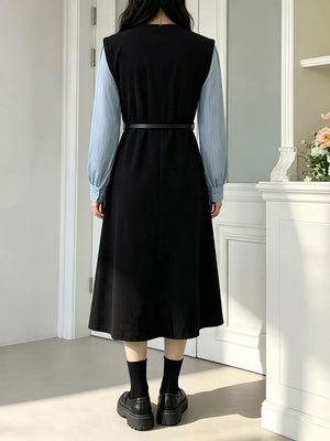 Contrast Sleeve A-line Dress With Belt option 5