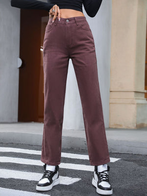 Relaxed straight leg jeans in dark brown with buttoned fly and pockets.