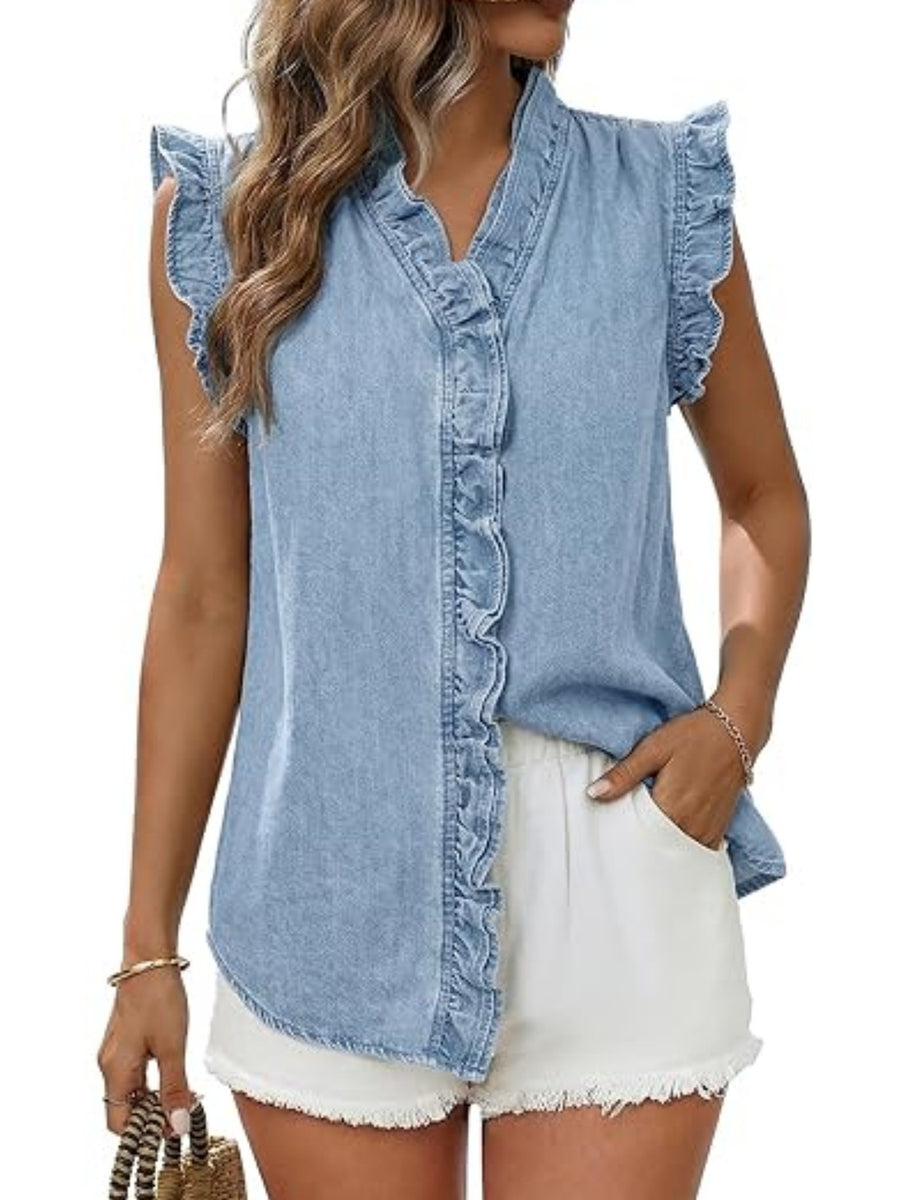 Medium Blue regular blouse with v-neck