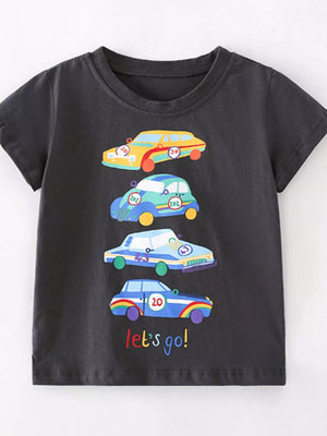 Dark gray cotton blend t-shirt with colorful racing car graphic and "let's go!" text.