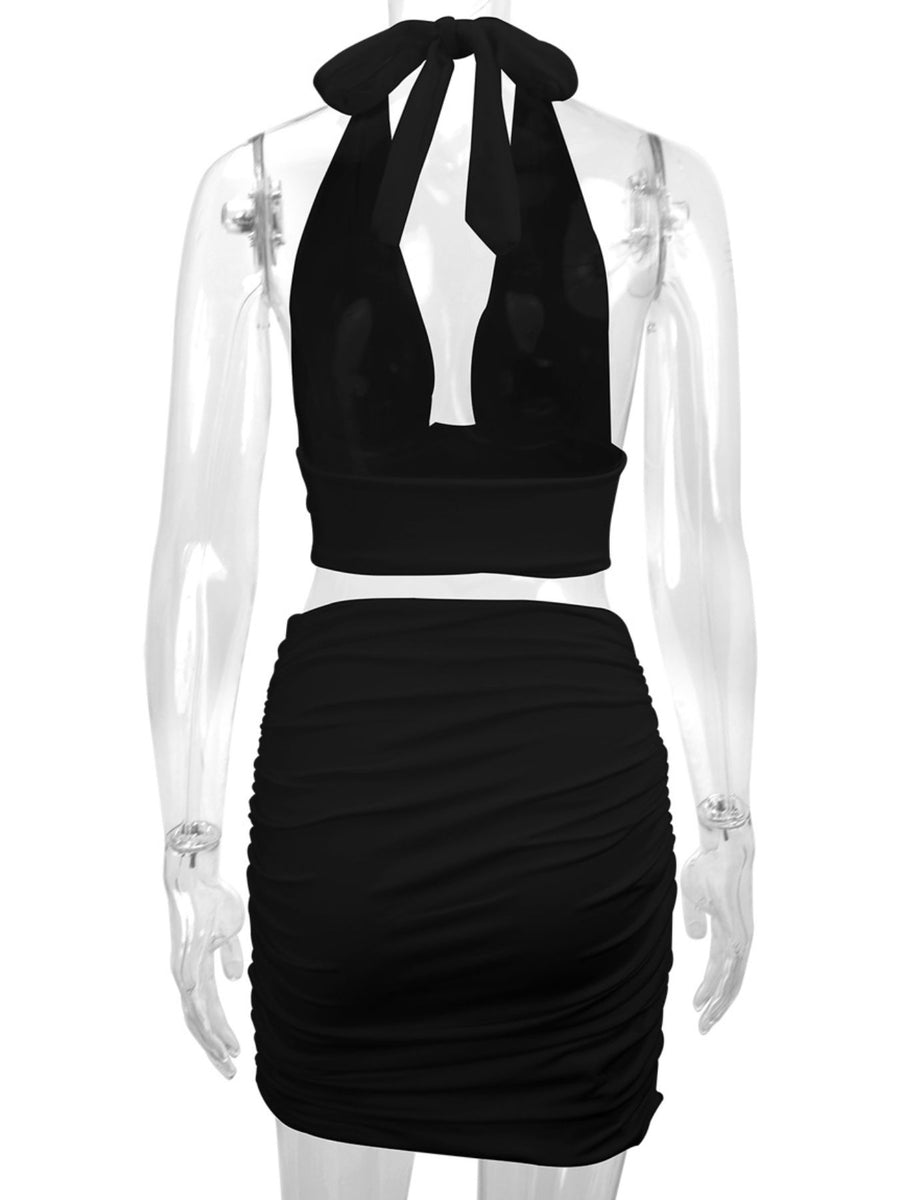 Halter Crop Top And Ruched Mini Skirt Set in black with ruched