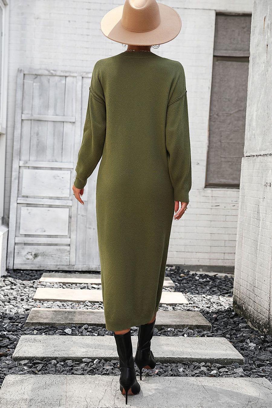Army green textured knit henley midi dress with long sleeves and a button neckline.