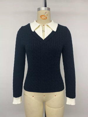 navy blue fitted pullover sweater with v-neck
