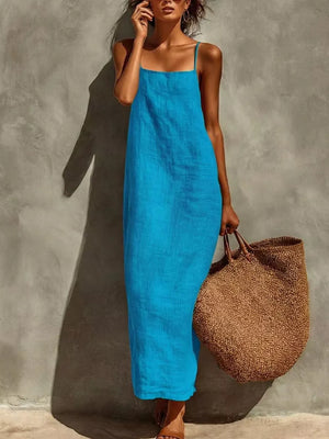 Blue linen-blend maxi dress with spaghetti straps and square neckline.