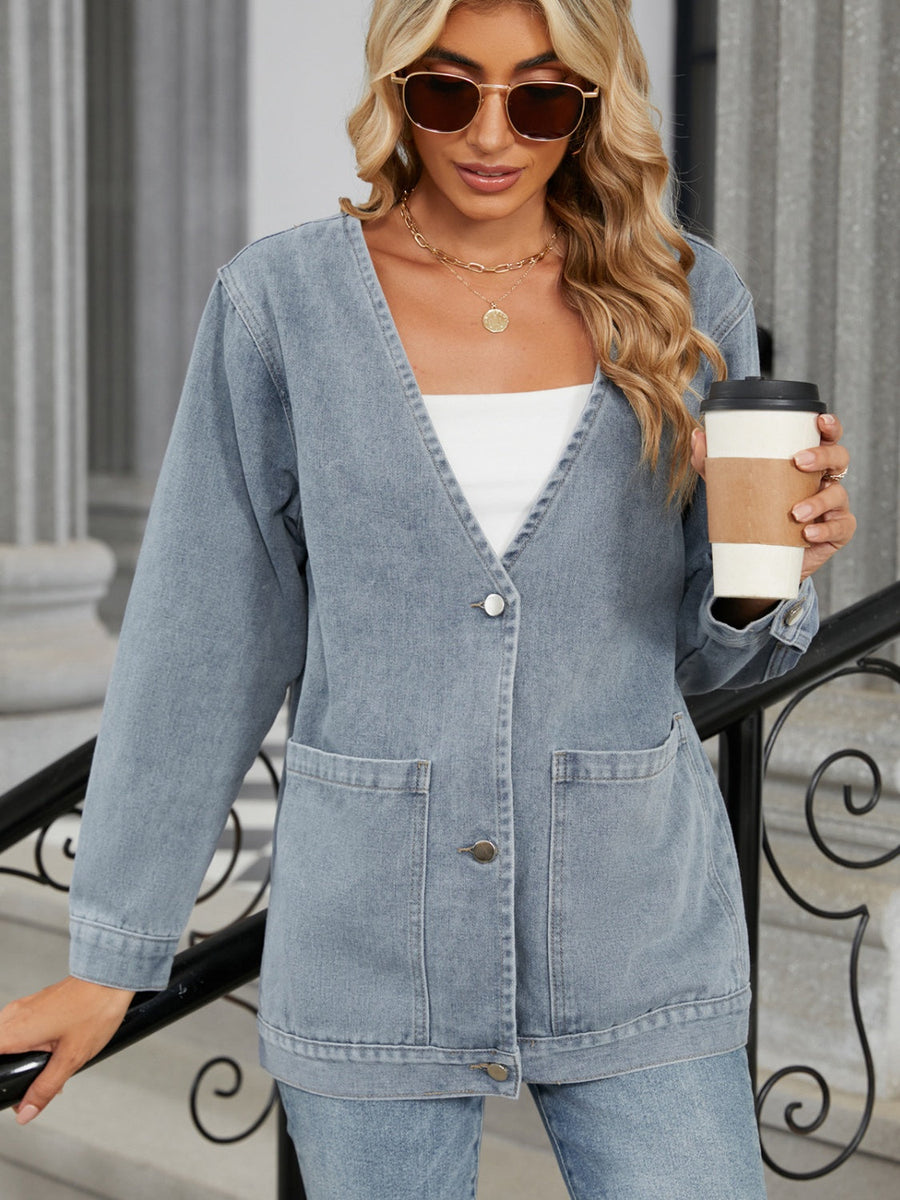 Light blue denim blazer with button front, V-neck, and two front pockets.