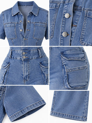 Slim-Fit Denim Jumpsuit With Cargo Pockets in Dark Blue with washed