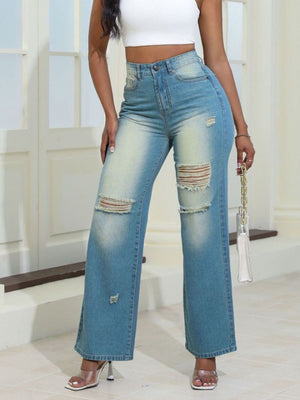 Ripped High-Waisted Distressed Wide-Leg Jeans in dark wash denim with distressed