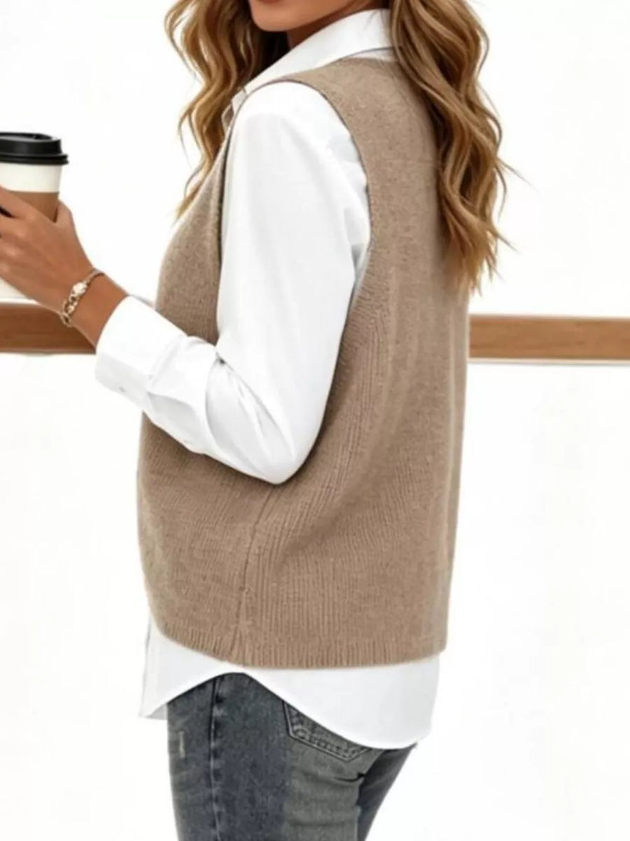 Chic V-neck Sleeveless Knit Sweater Vest Plus Size in Khaki