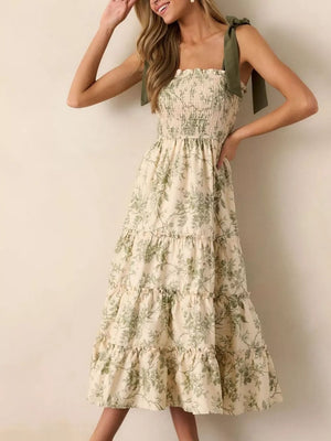 Floral tiered midi dress with smocked bodice and tie straps