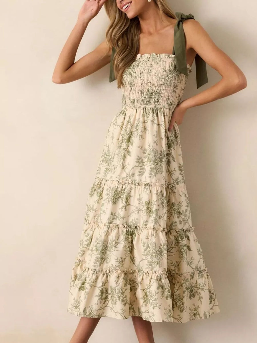 Floral tiered midi dress with smocked bodice and tie straps