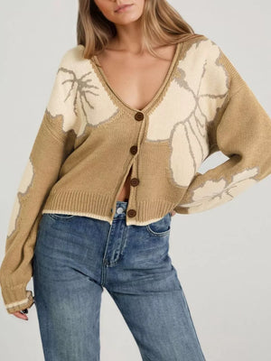 cream cardigan with floral and v-neck