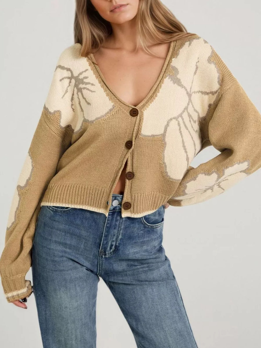 cream cardigan with floral and v-neck