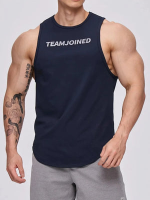 Navy performance tank top with TEAMJOINED logo, round neck, and curved hem.