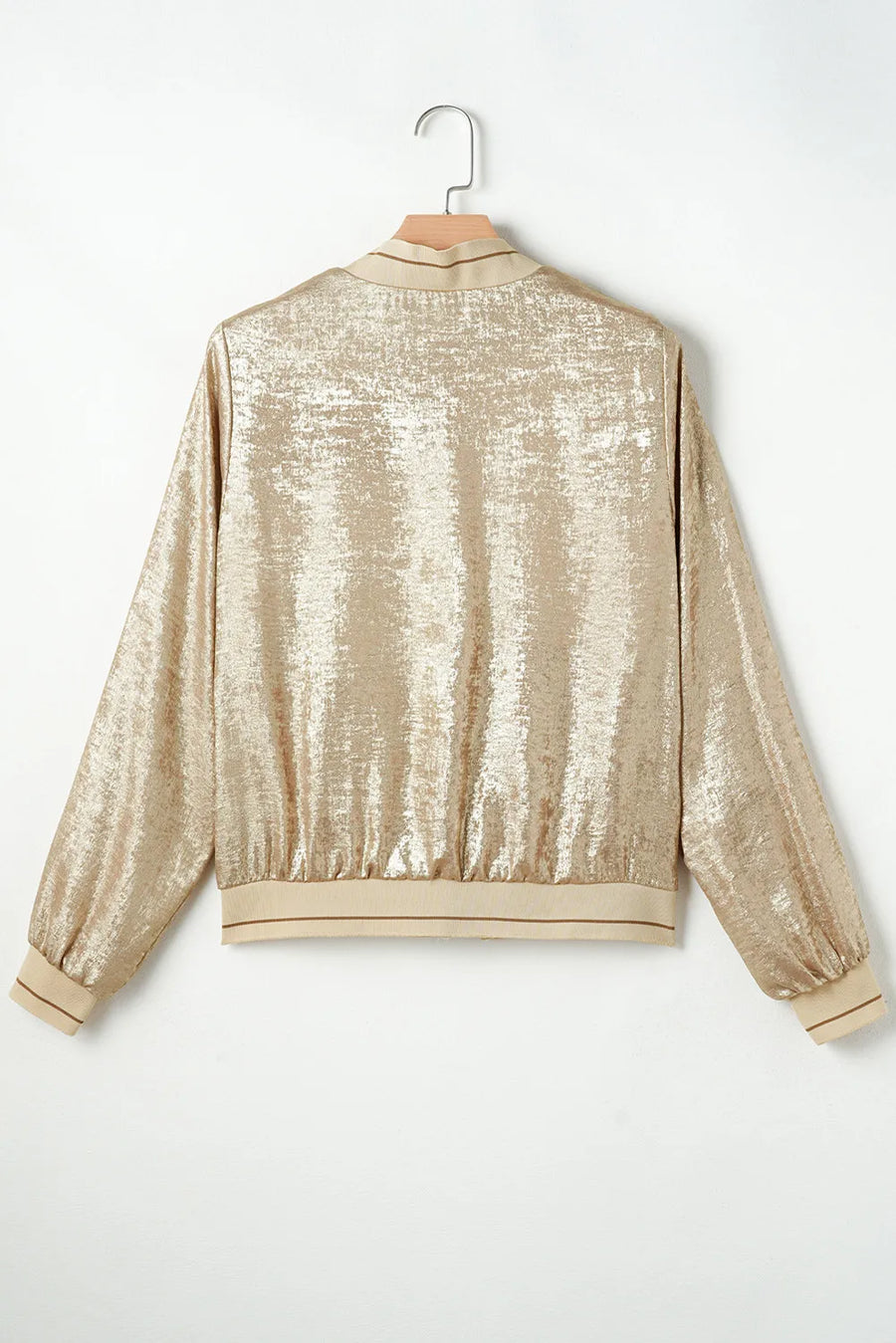 Metallic bomber jacket in tan with ribbed trim and collar detail.