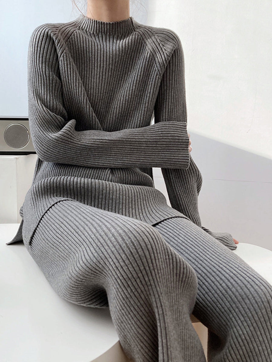 Dark Gray ribbed knit co-ord set with mock neck and asymmetric detail