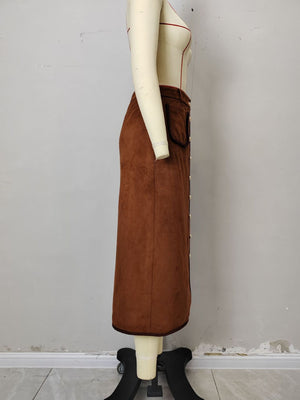 High-Waisted Button-Front Midi Skirt in rust with button-front
