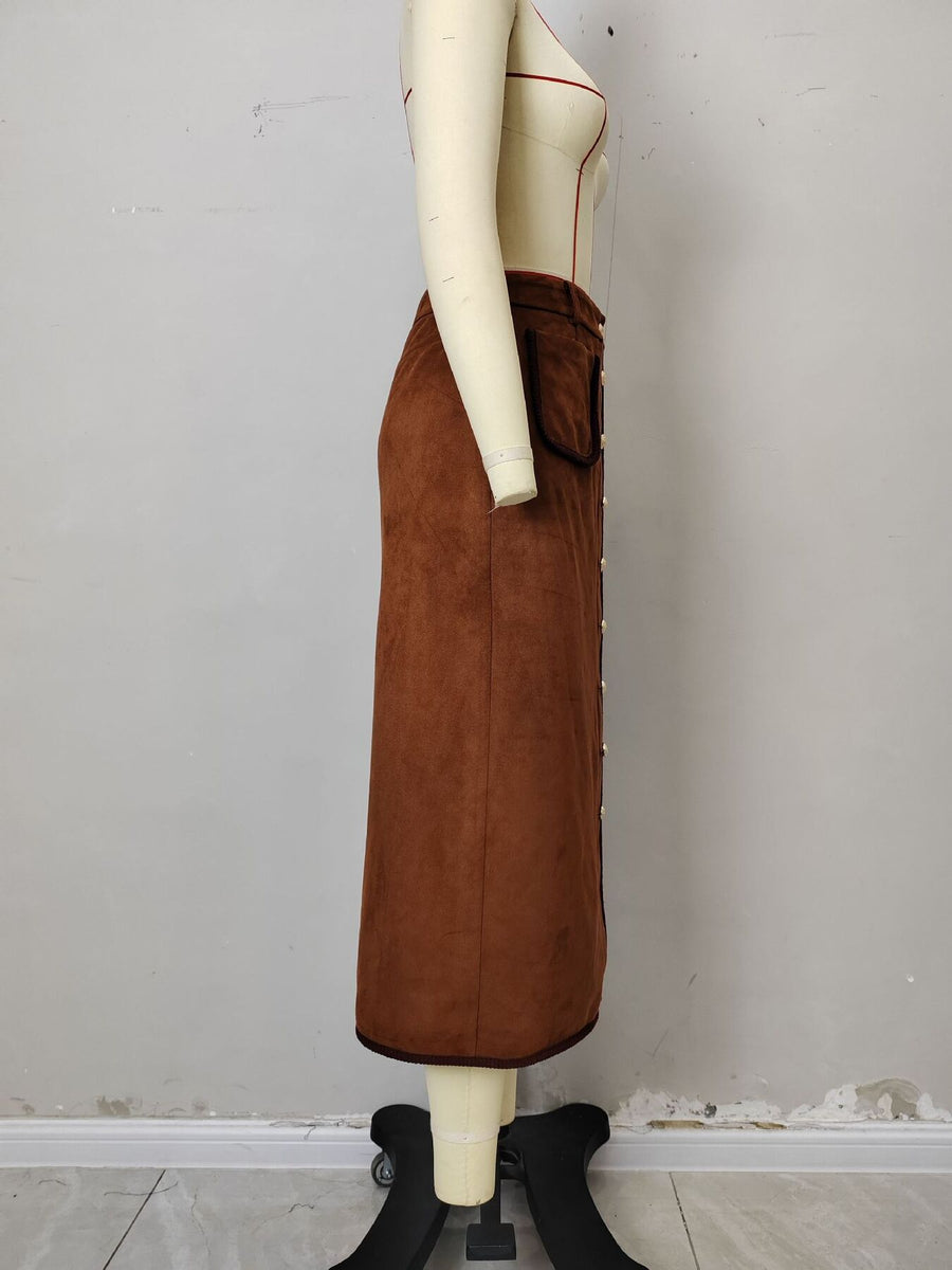High-Waisted Button-Front Midi Skirt in rust with button-front