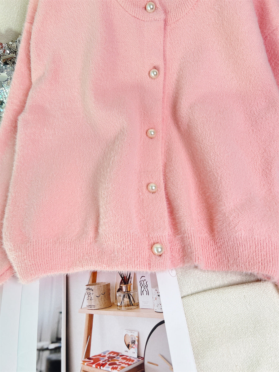 Fuzzy Knit Button Down Cardigan in Blue with buttoned