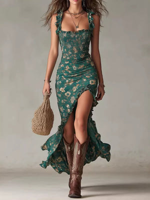 Dark green floral ruched maxi dress with ruffle trim and high slit, polyester.