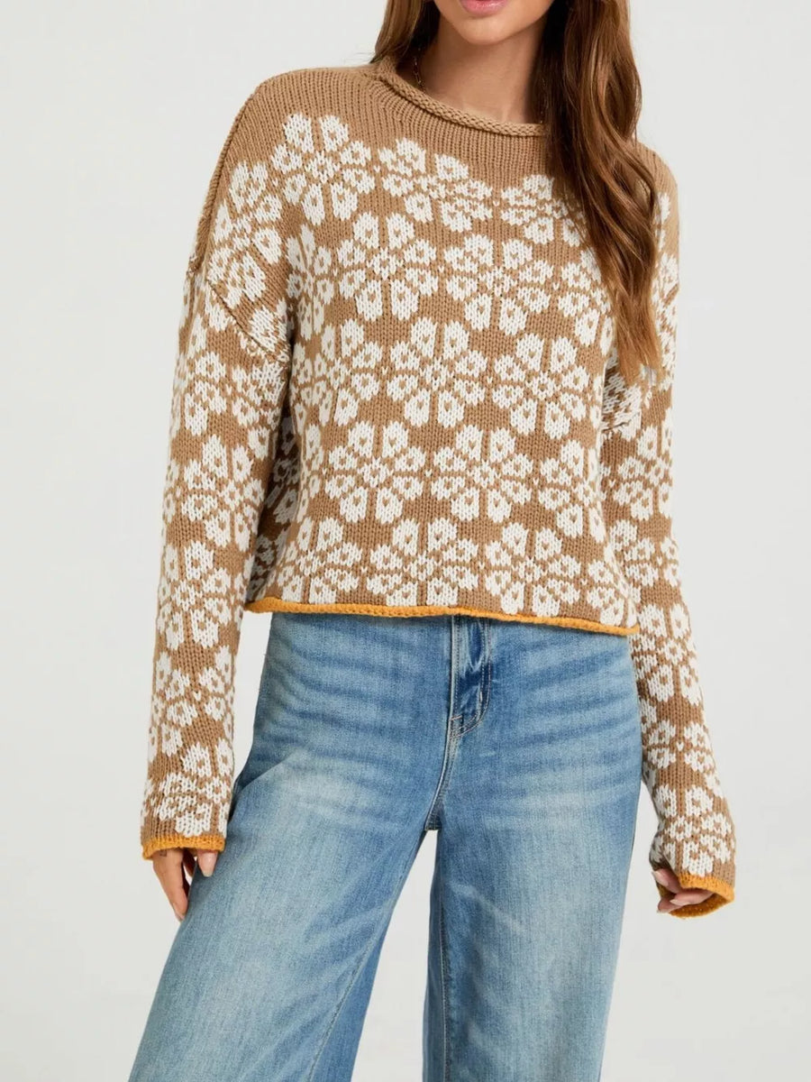 pullover sweater in Green with floral and ribbed