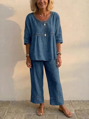 Pants Set in denim blue featuring cutout and relaxed fit