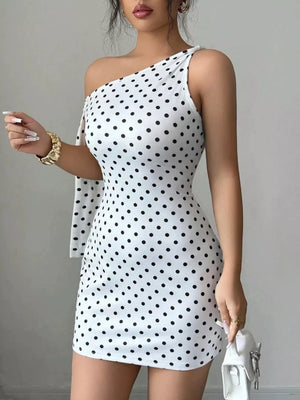 white mini dress with polka dot and one-shoulder