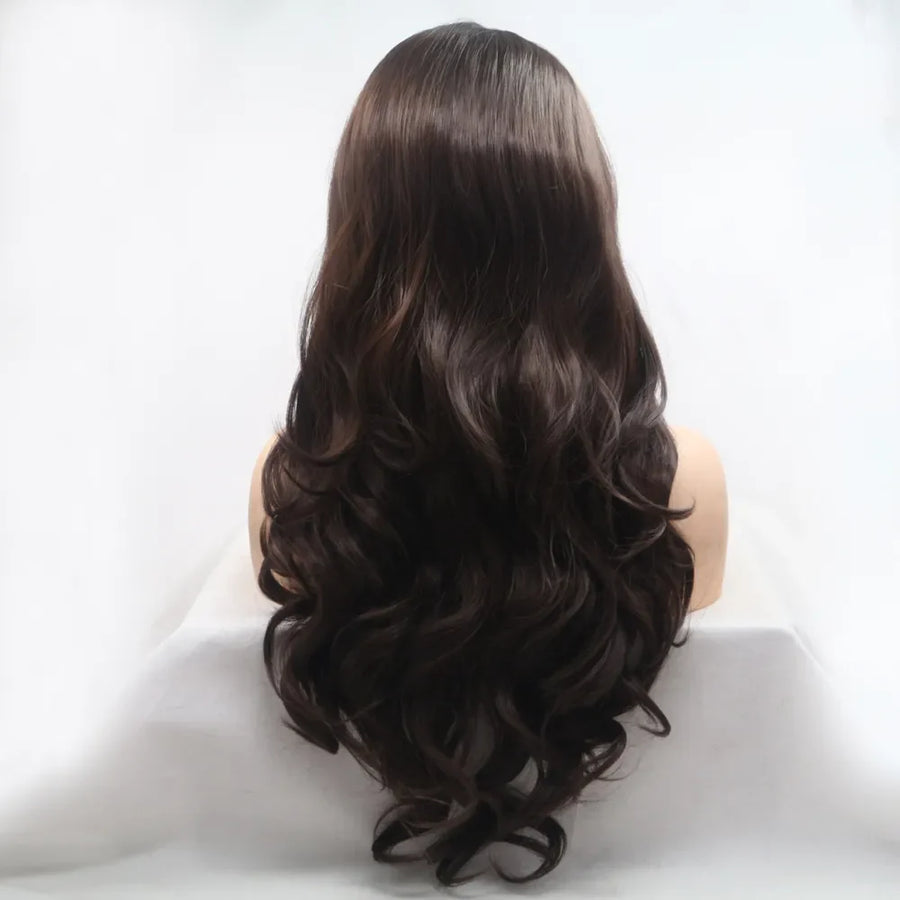 Brown lace front wig with long cascading curls styled down the back.