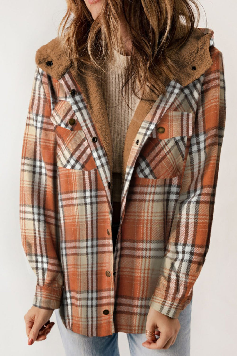 Sherpa-lined plaid overshirt jacket in tangerine with button front and chest pockets.