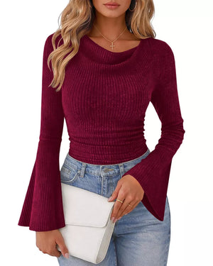 Ribbed Bell Sleeve T-shirt in Burgundy