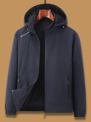Dark blue casual hooded windbreaker jacket with zippered pockets and subtle chest logo.