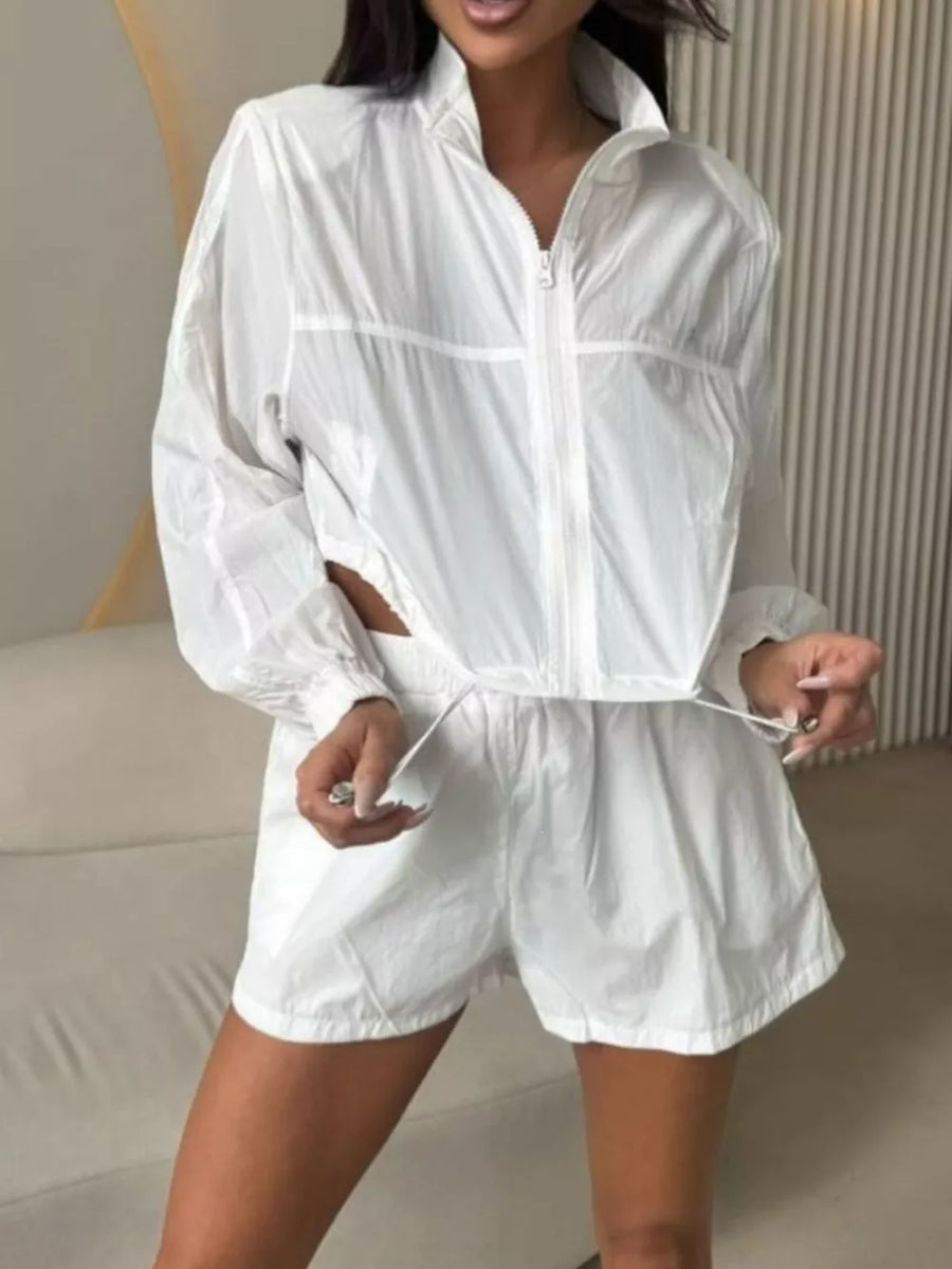 Zip-up Crop Jacket And High-waisted Shorts Set in Black with pocketed
