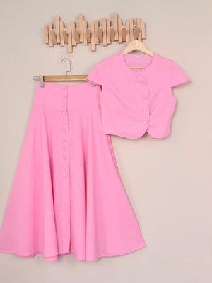 Light Purple skirt set with cropped (top), midi (skirt) and button-front (top), side button (skirt)