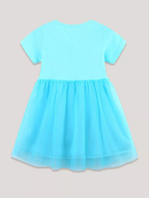Baby girl's blue cotton blend dress with short sleeves and a tiered tulle skirt.