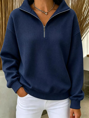 navy blue sweatshirt with waffle knit and collared