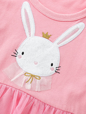 Pink toddler dress with bunny applique, crown, tulle collar, and bow.