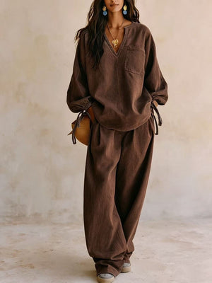 lounge set in Light Blue with drawstring sleeve and hip-length, full-length
