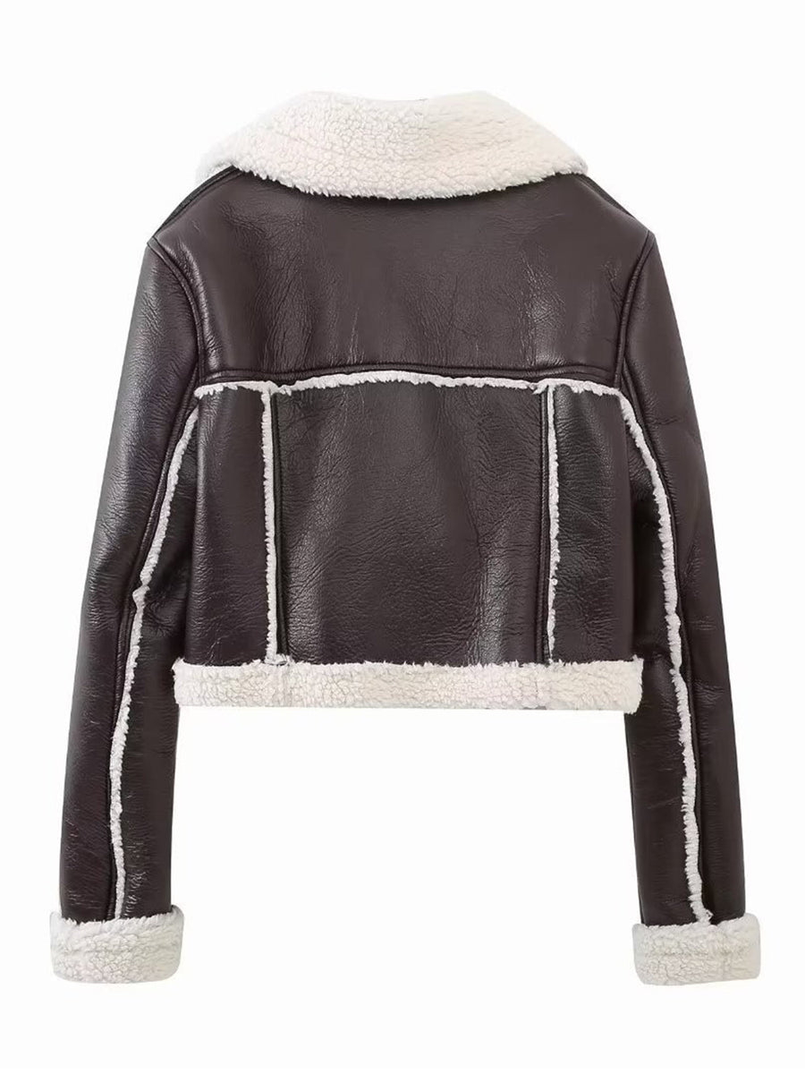 Brown cropped aviator jacket with white shearling trim and collar detail.
