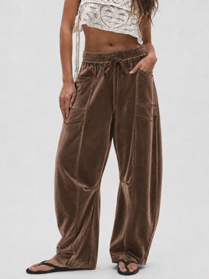 wide-leg pants in chocolate brown featuring drawstring waist and loose fit