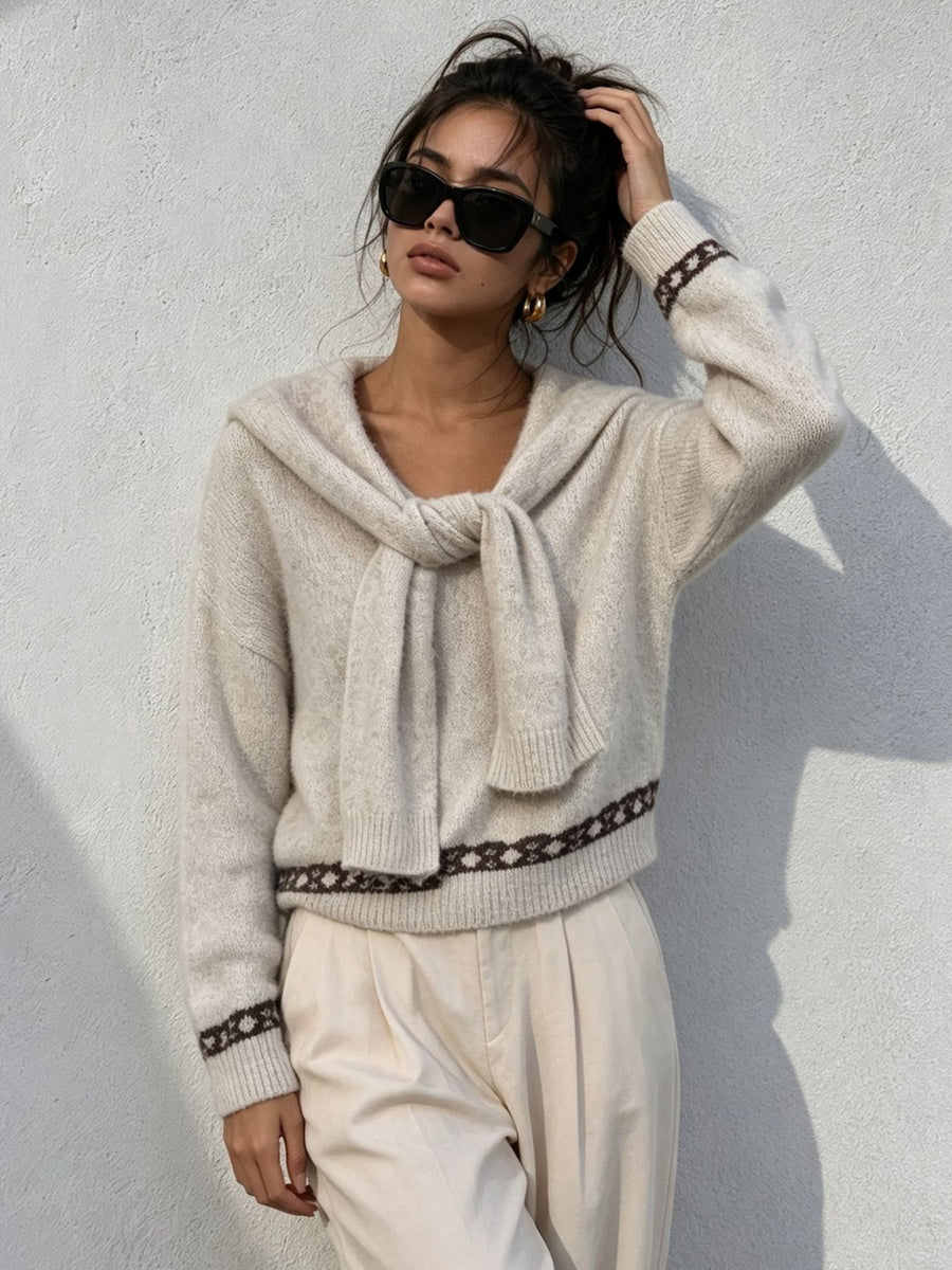 dark brown pullover sweater featuring dropped shoulder and geometric