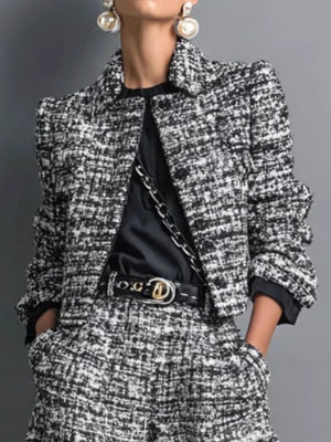 100% polyester Care instructions: Machine wash cold jacket and pants set in Black with boxy silhouette