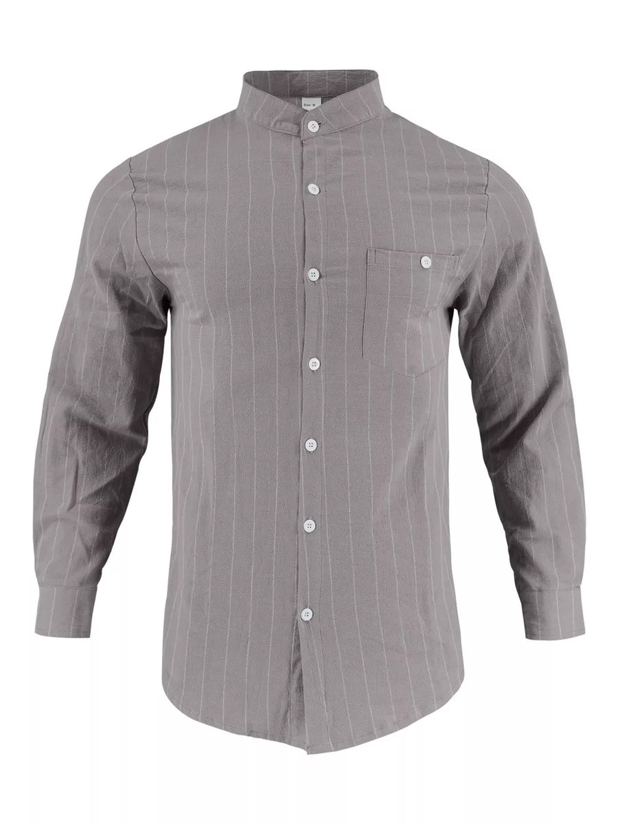 Grey linen-blend button-up shirt with white pinstripes and band collar.