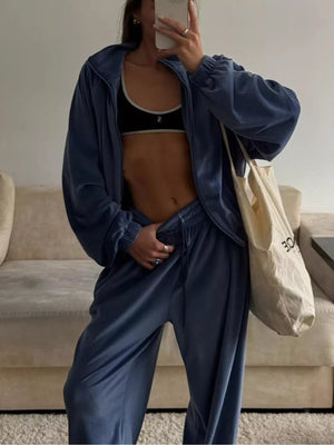 Black lounge set with Top: hip-length, Bottom: full-length and zip-front, drawstring, elastic