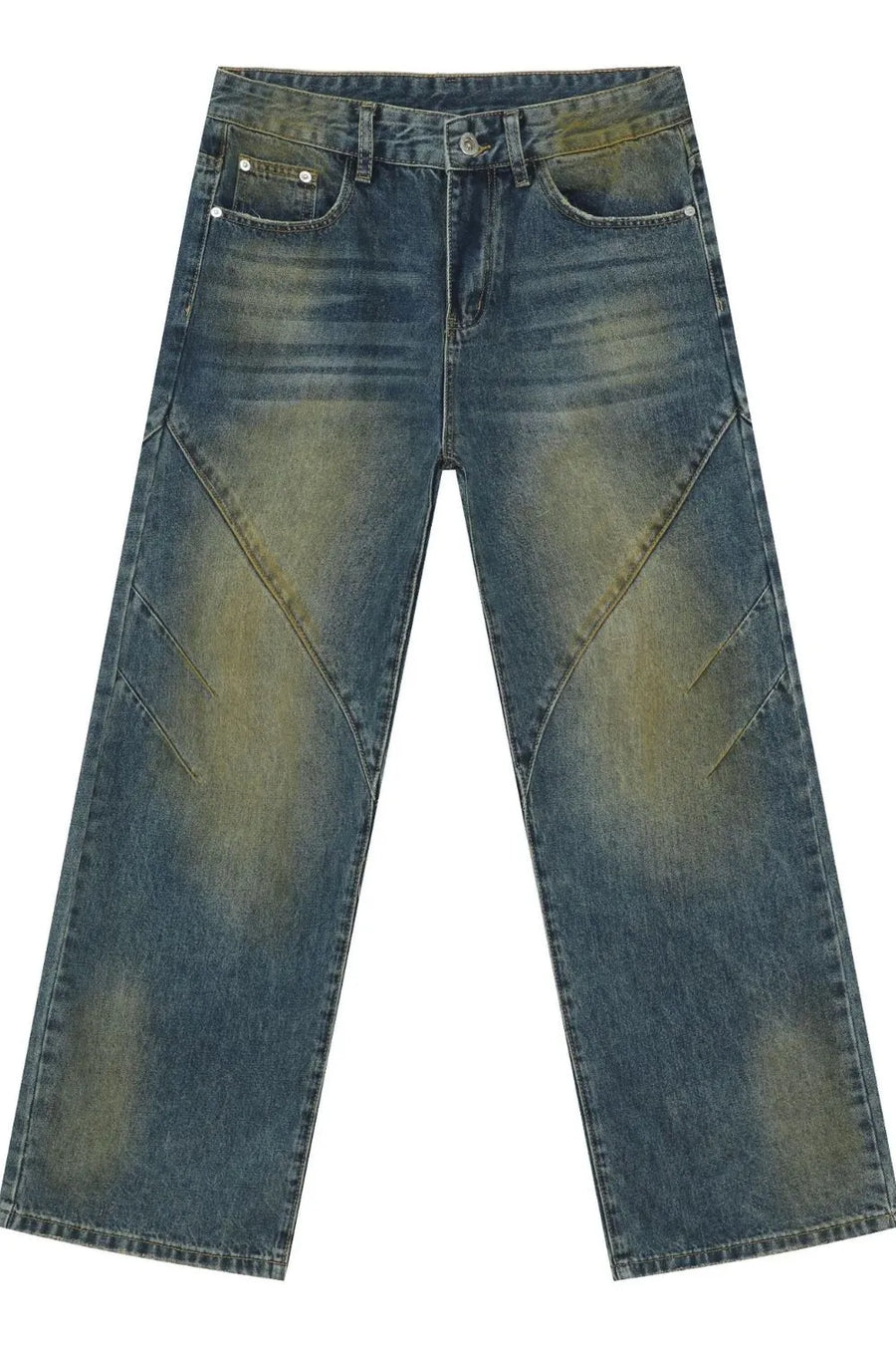 Panelled acid wash wide leg jeans in medium blue denim with distressed details.